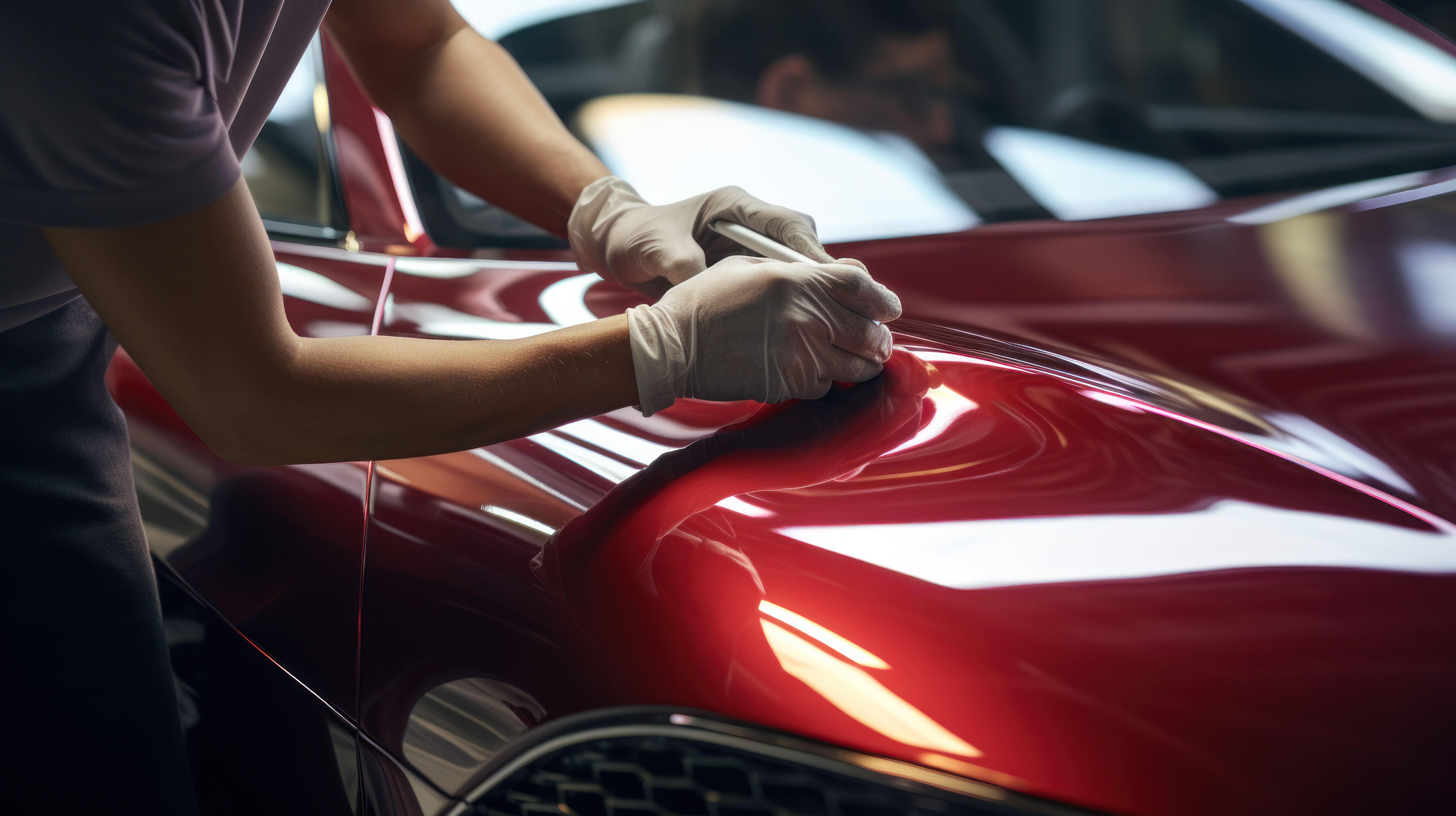 A Dapper Pros service professional finishing the application of a glossy paint protection film.